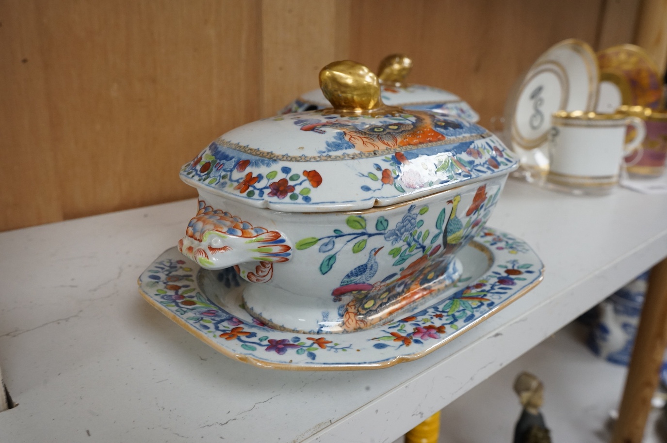 A pair of Spode pheasant design stone china sauce tureens covers and stands, c.1825, 19cm wide